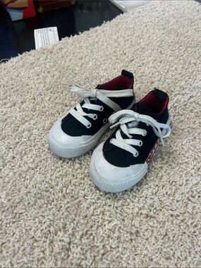 Kids Black Canvas Sneakers with White Soles and Red Lining
